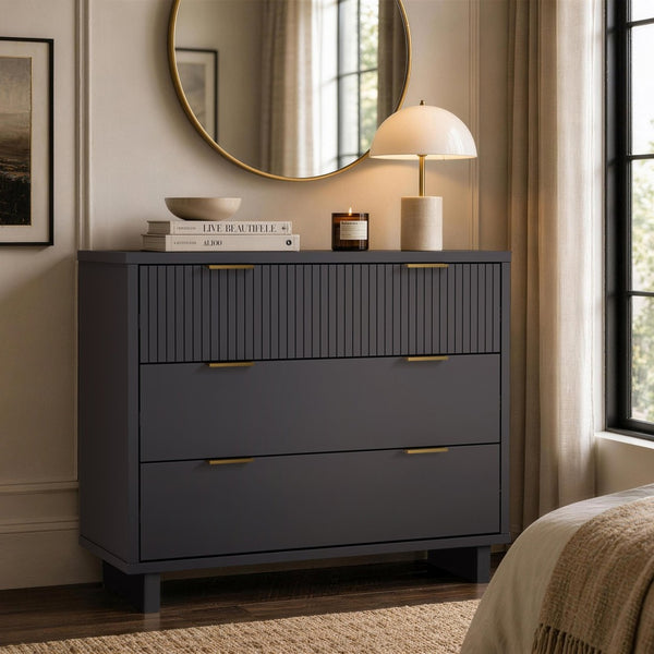 English Elm Dresser with Fluted Drawer Fronts Soft Close Glides and Elevated Base for Modern Bedrooms B365S00185