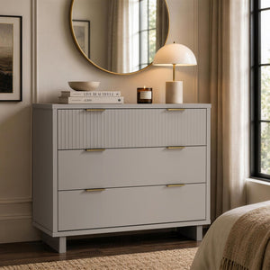 English Elm Dresser with Fluted Drawer Fronts Soft Close Glides and Elevated Base for Modern Bedrooms Light Gray B365S00186