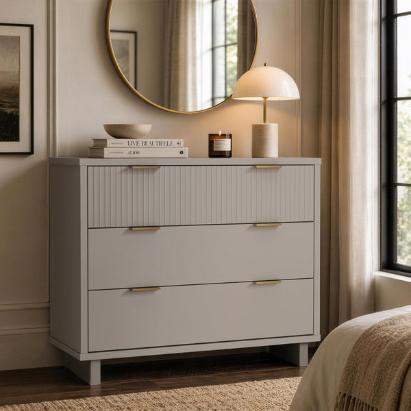 English Elm Dresser with Fluted Drawer Fronts Soft Close Glides and Elevated Base for Modern Bedrooms Light Gray B365S00186