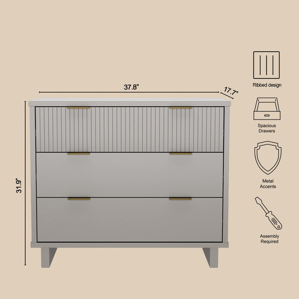 English Elm Dresser with Fluted Drawer Fronts Soft Close Glides and Elevated Base for Modern Bedrooms Light Gray B365S00186