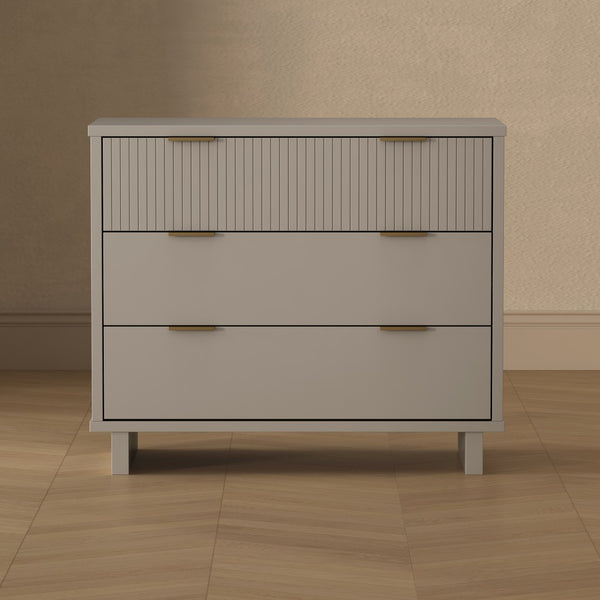 English Elm Dresser with Fluted Drawer Fronts Soft Close Glides and Elevated Base for Modern Bedrooms Light Gray B365S00186