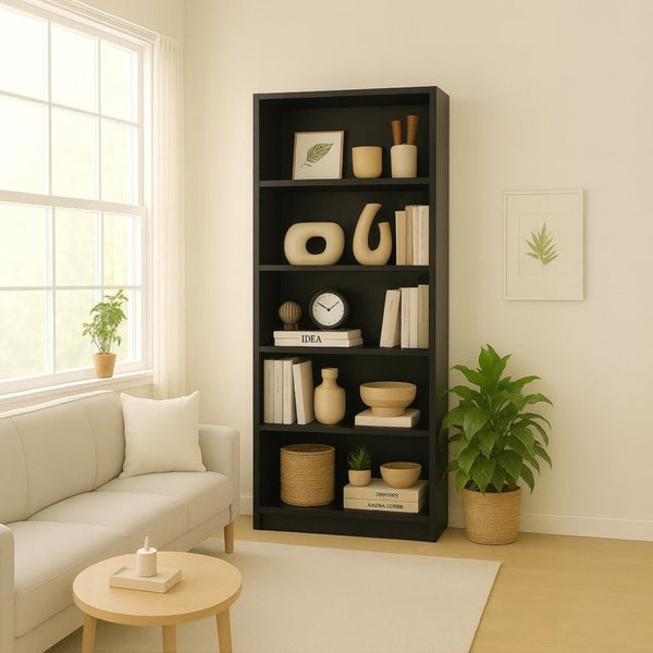 English Elm 5-tier Open Bookcase Slim Matte Black Finish Tall Vertical Shelving for Home Office B372P426656