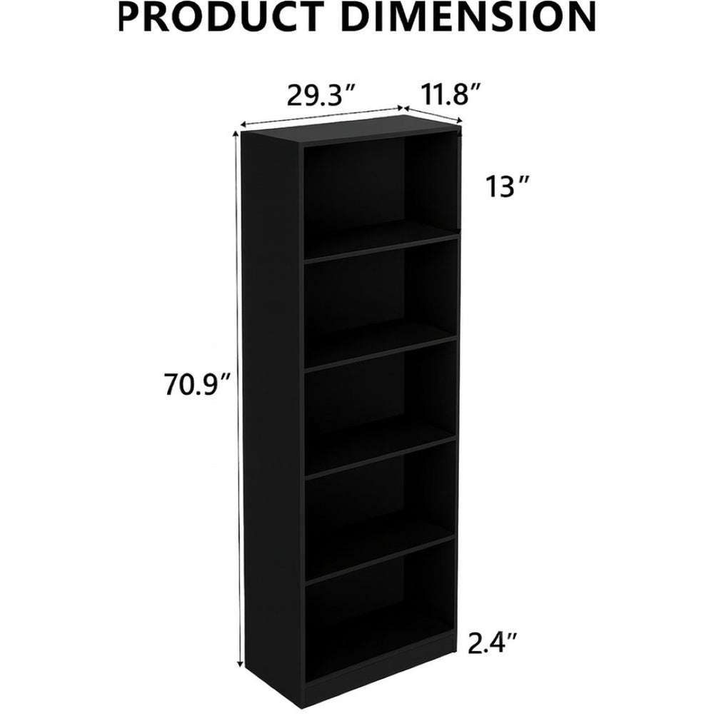 English Elm 5-tier Open Bookcase Slim Matte Black Finish Tall Vertical Shelving for Home Office B372P426656