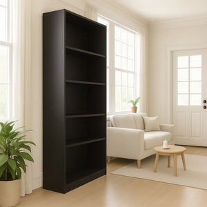 English Elm 5-tier Open Bookcase Slim Matte Black Finish Tall Vertical Shelving for Home Office B372P426656
