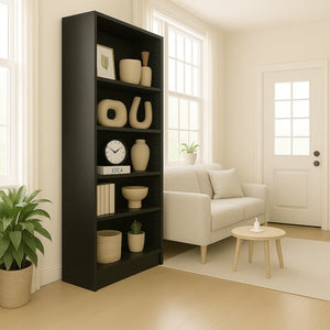 English Elm 5-tier Open Bookcase Slim Matte Black Finish Tall Vertical Shelving for Home Office B372P426656