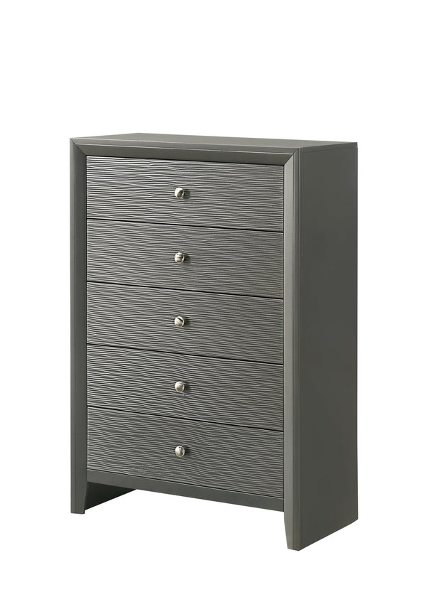 English Elm Denker Gun Metal Chest with Textured Wave Embossing, Dovetail Drawers & Kenlin Guides - Modern Storage Elegance B132P165383