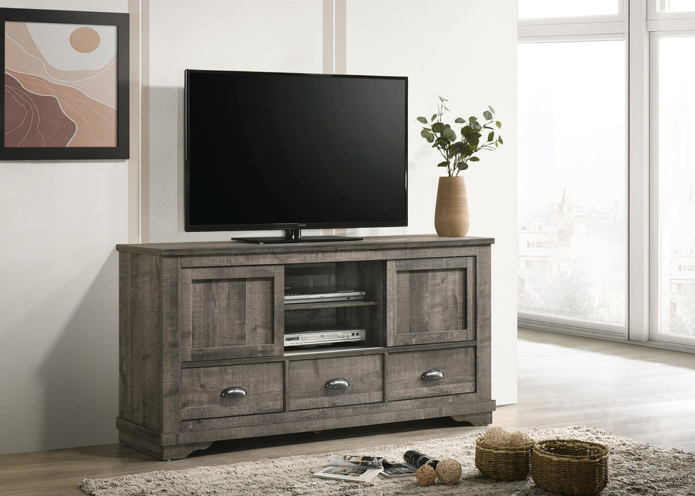 English Elm Coralee Dark Brown TV Stand with Melamine Top, Sliding Doors, Dovetail Drawers & Cup Pulls —65.94" B132P162336