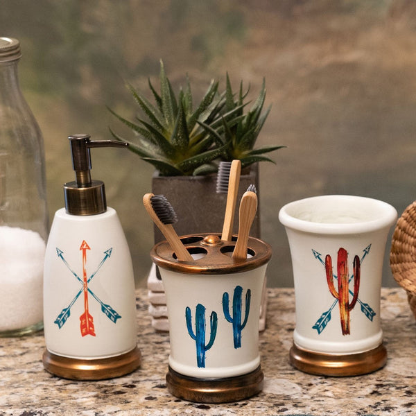 Hiend Accents Cactus Ceramic Bathroom Set - 3-piece Countertop Collection With Southwestern Charm & Durability White,Brown Ceramic Ba1756