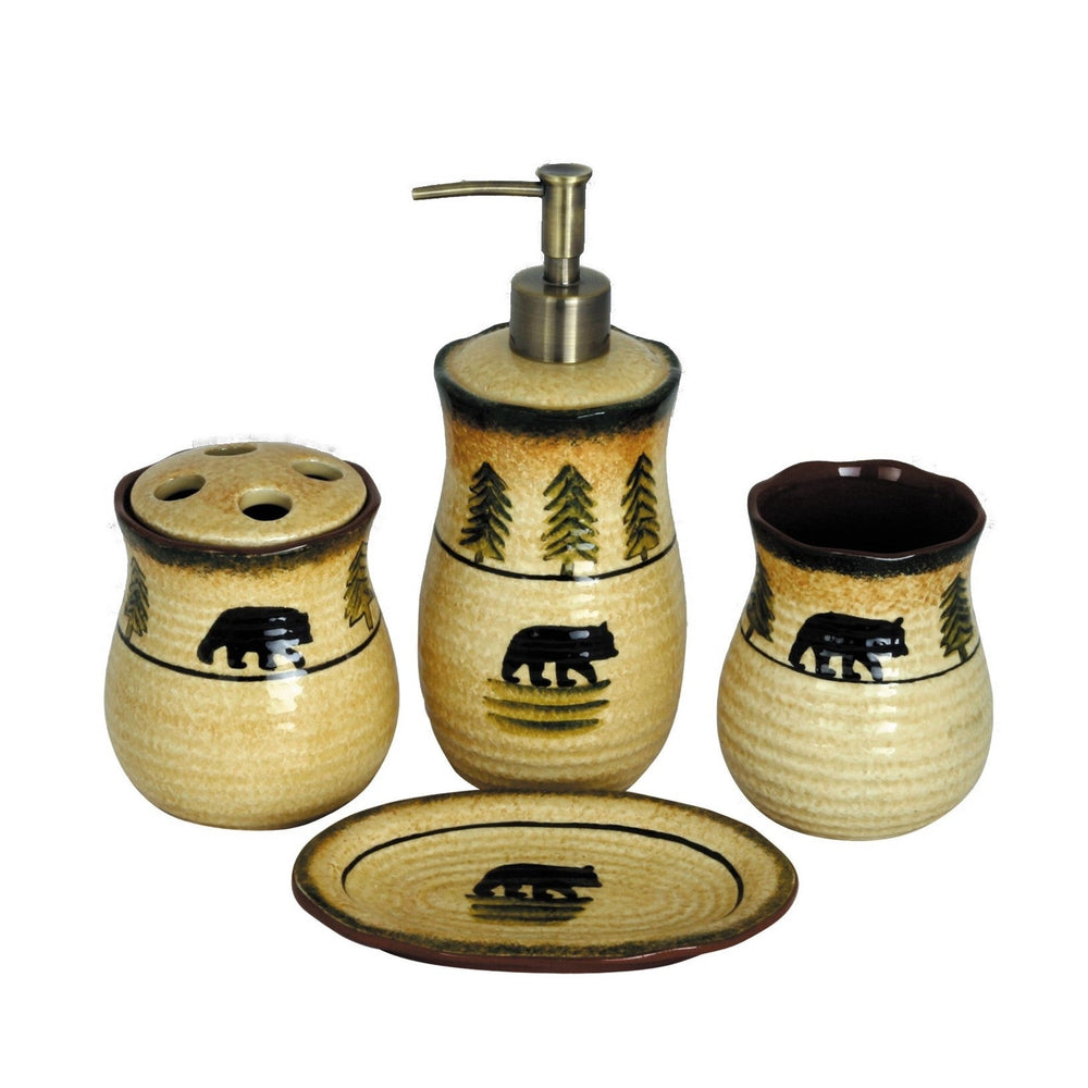Hiend Accents Rustic Bear Ceramic Forest Bathroom Set - Hand-painted 4-piece Decor For Cozy Woodland Retreat Tan,Brown Ceramic Ba1810