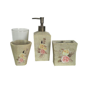 Hiend Accents Rose Floral 3-piece Bathroom Set - Elegant Design For A Serene Oasis, Durable And Easy To Clean Tan,Pink Made Of Resin And Glass. Ba1812