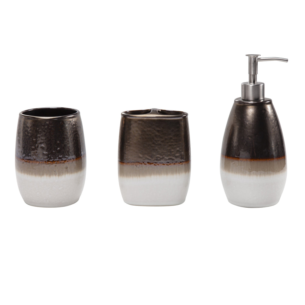 Hiend Accents Gilded Stoneware Bathroom Set - Artisanal 3-piece Countertop Collection For Rustic Elegance White ,Brown Ceramic Ba2106