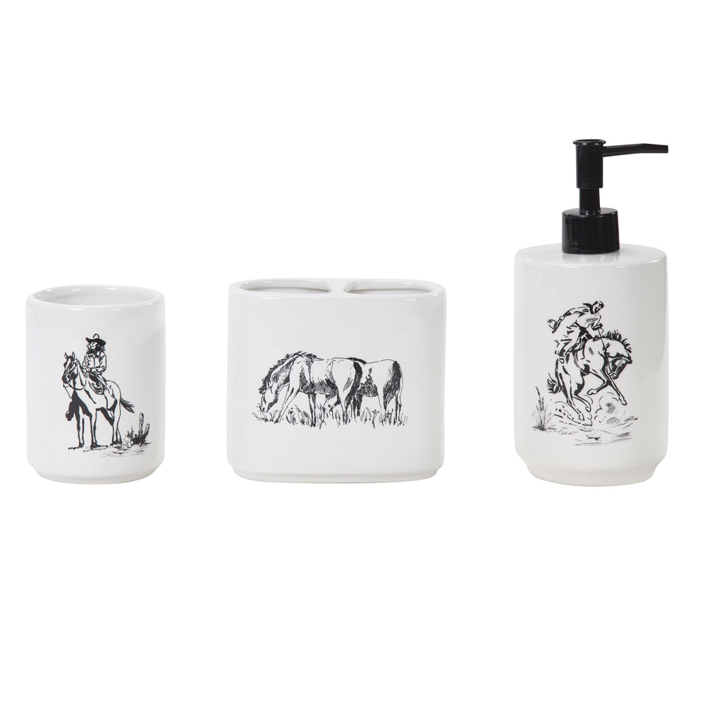 Hiend Accents Ranch Life Countertop Bathroom Set - Rustic Ceramic Decor With Cowboy Scenes For Western Homes White,Black Ceramic Ba2138