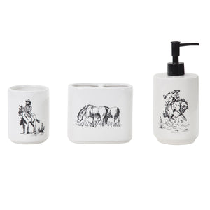 Hiend Accents Ranch Life Countertop Bathroom Set - Rustic Ceramic Decor With Cowboy Scenes For Western Homes White,Black Ceramic Ba2138