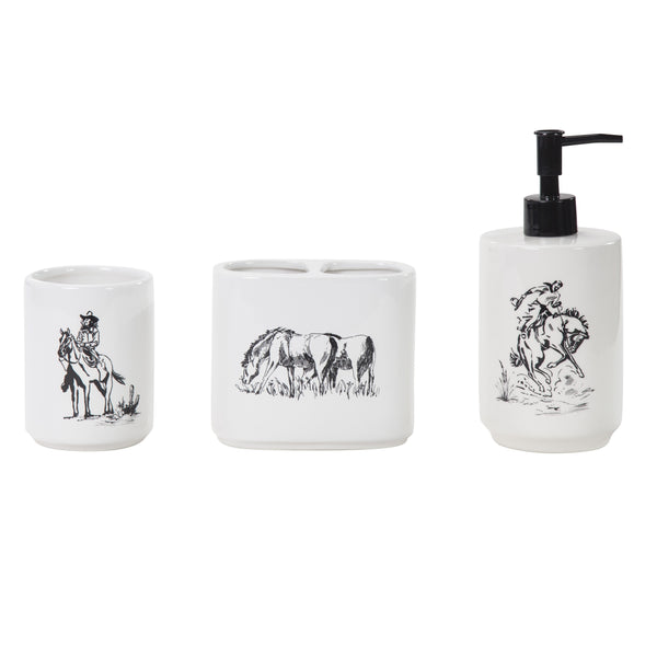 Hiend Accents Ranch Life Countertop Bathroom Set - Rustic Ceramic Decor With Cowboy Scenes For Western Homes White,Black Ceramic Ba2138