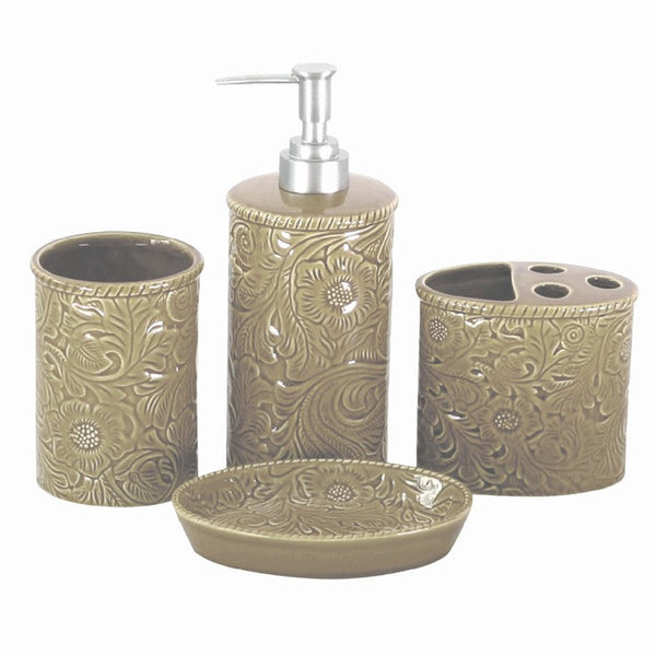 Hiend Accents Savannah Ceramic Countertop Bathroom Set - Elegant Floral Design For A Rustic Chic Bathroom Upgrade Taupe Ceramic Ba4001-os-tp