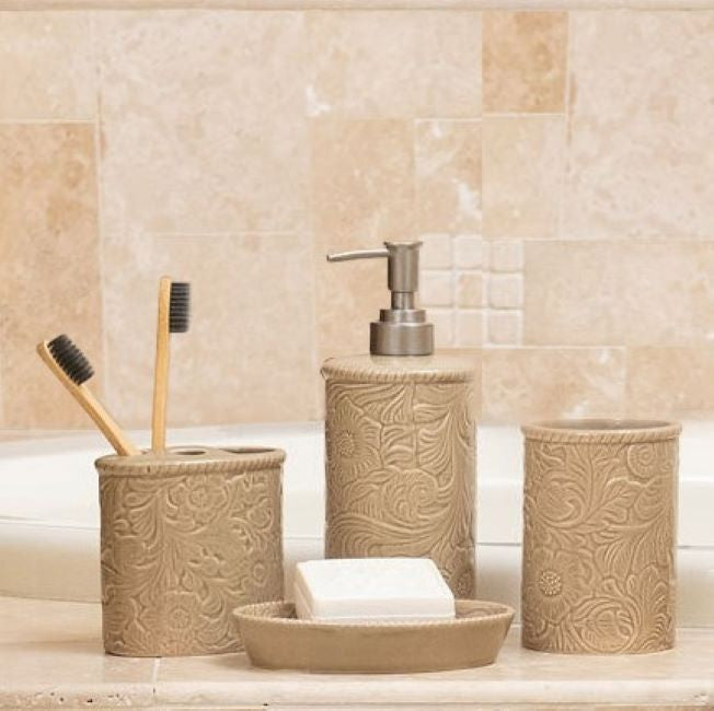 Hiend Accents Savannah Ceramic Countertop Bathroom Set - Elegant Floral Design For A Rustic Chic Bathroom Upgrade Taupe Ceramic Ba4001-os-tp
