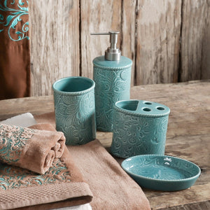 Hiend Accents Savannah Ceramic Countertop Bathroom Set - Elegant Floral Design For A Rustic Chic Bathroom Upgrade Turquoise Ceramic Ba4001-os-tq