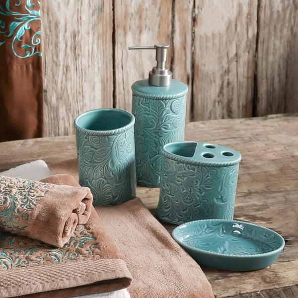 Hiend Accents Savannah Ceramic Countertop Bathroom Set - Elegant Floral Design For A Rustic Chic Bathroom Upgrade Turquoise Ceramic Ba4001-os-tq