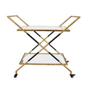 Zeugma Bar103 Elegant Serving Cart With Tempered Glass Shelves For Drinks, Plates, And Entertaining Needs Black And Gold Leaf Metal,Tempered Glass Bar103 Black & Gold