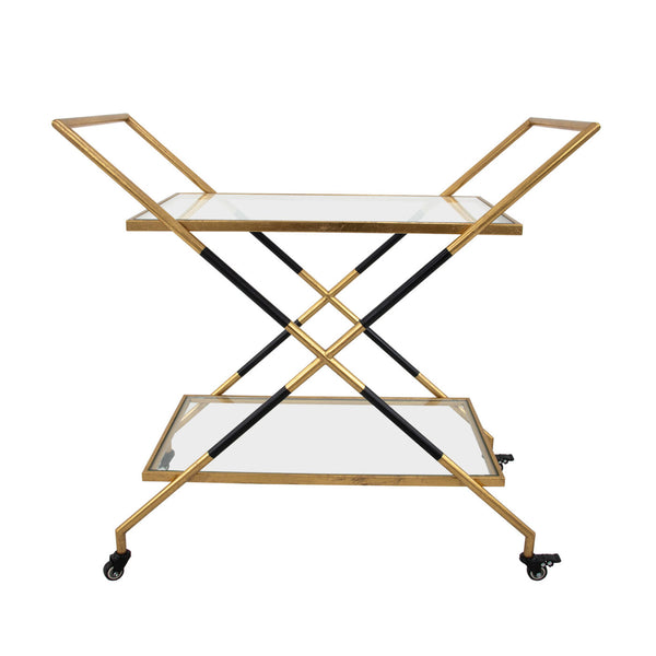 Zeugma Bar103 Elegant Serving Cart With Tempered Glass Shelves For Drinks, Plates, And Entertaining Needs Black And Gold Leaf Metal,Tempered Glass Bar103 Black & Gold