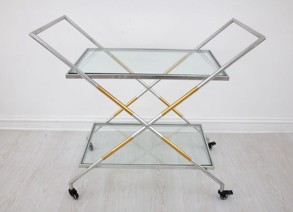 Zeugma Bar103 Elegant Serving Cart With Tempered Glass Shelves For Drinks, Plates, And Entertaining Needs Silver And Gold Leaf Metal,Tempered Glass Bar103 Silver And Gold