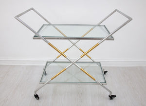 Zeugma Bar103 Elegant Serving Cart With Tempered Glass Shelves For Drinks, Plates, And Entertaining Needs Silver And Gold Leaf Metal,Tempered Glass Bar103 Silver And Gold