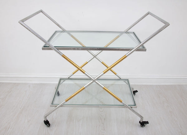 Zeugma Bar103 Elegant Serving Cart With Tempered Glass Shelves For Drinks, Plates, And Entertaining Needs Silver And Gold Leaf Metal,Tempered Glass Bar103 Silver And Gold