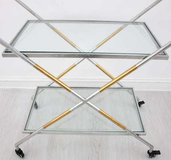 Zeugma Bar103 Elegant Serving Cart With Tempered Glass Shelves For Drinks, Plates, And Entertaining Needs Silver And Gold Leaf Metal,Tempered Glass Bar103 Silver And Gold