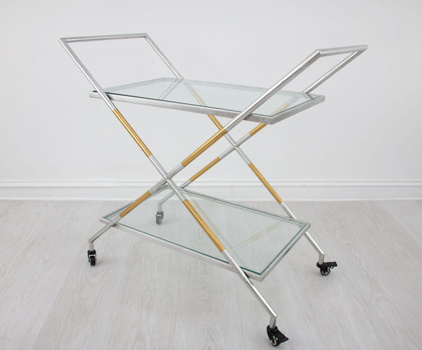 Zeugma Bar103 Elegant Serving Cart With Tempered Glass Shelves For Drinks, Plates, And Entertaining Needs Silver And Gold Leaf Metal,Tempered Glass Bar103 Silver And Gold