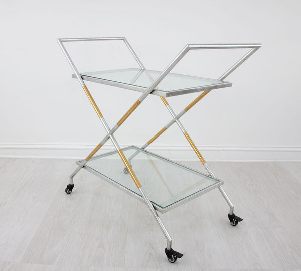 Zeugma Bar103 Elegant Serving Cart With Tempered Glass Shelves For Drinks, Plates, And Entertaining Needs Silver And Gold Leaf Metal,Tempered Glass Bar103 Silver And Gold
