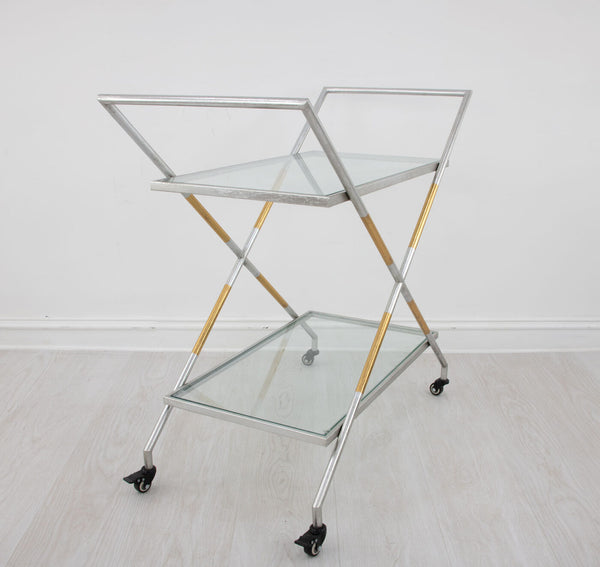 Zeugma Bar103 Elegant Serving Cart With Tempered Glass Shelves For Drinks, Plates, And Entertaining Needs Silver And Gold Leaf Metal,Tempered Glass Bar103 Silver And Gold