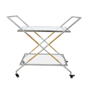 Zeugma Bar103 Elegant Serving Cart With Tempered Glass Shelves For Drinks, Plates, And Entertaining Needs Silver And Gold Leaf Metal,Tempered Glass Bar103 Silver And Gold