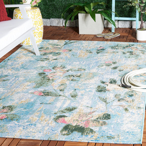 Safavieh Barbados Indoor/Outdoor Area Rug - Serene Floral Design, Durable & Eco-friendly For Elegant Spaces Light Blue ,Green 76% Polypropylene,23% Polyester,1% Backing Material Bar522m-9