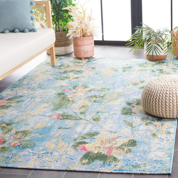 Safavieh Barbados Indoor/Outdoor Area Rug - Serene Floral Design, Durable & Eco-friendly For Elegant Spaces Light Blue ,Green 76% Polypropylene,23% Polyester,1% Backing Material Bar522m-9