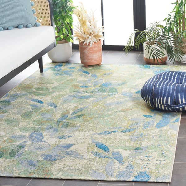 Safavieh Barbados Area Rug - Elegant Botanical Design In Blue And Ivory For Indoor & Outdoor Spaces Blue ,Ivory 76% Polypropylene,23% Polyester,1% Backing Material Bar594m-9