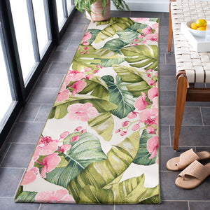 Safavieh Barbados Exquisite Tropical Leaf Area Rug - Elegant Indoor/Outdoor Decor With Durable Craftsmanship Green ,Pink 76% Polypropylene,23% Polyester,1% Backing Material Bar596y-9