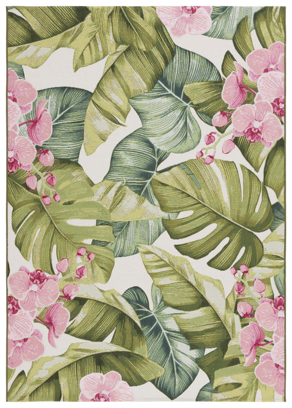 Safavieh Barbados Exquisite Tropical Leaf Area Rug - Elegant Indoor/Outdoor Decor With Durable Craftsmanship Green ,Pink 76% Polypropylene,23% Polyester,1% Backing Material Bar596y-9