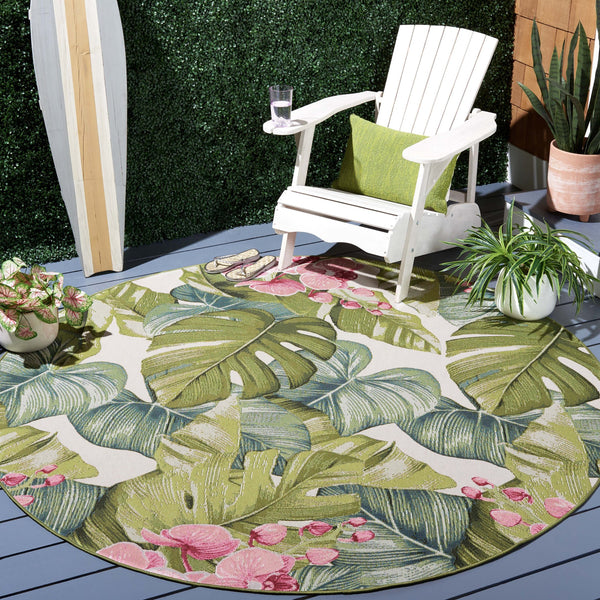 Safavieh Barbados Exquisite Tropical Leaf Area Rug - Elegant Indoor/Outdoor Decor With Durable Craftsmanship Green ,Pink 76% Polypropylene,23% Polyester,1% Backing Material Bar596y-9