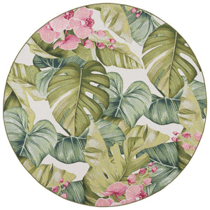 Safavieh Barbados Exquisite Tropical Leaf Area Rug - Elegant Indoor/Outdoor Decor With Durable Craftsmanship Green ,Pink 76% Polypropylene,23% Polyester,1% Backing Material Bar596y-9