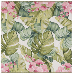 Safavieh Barbados Exquisite Tropical Leaf Area Rug - Elegant Indoor/Outdoor Decor With Durable Craftsmanship Green ,Pink 76% Polypropylene,23% Polyester,1% Backing Material Bar596y-9