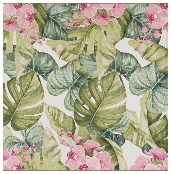 Safavieh Barbados Exquisite Tropical Leaf Area Rug - Elegant Indoor/Outdoor Decor With Durable Craftsmanship Green ,Pink 76% Polypropylene,23% Polyester,1% Backing Material Bar596y-9