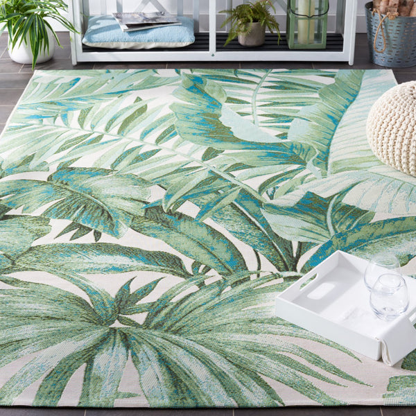 Safavieh Barbados Exquisite Ivory Area Rug With Lush Tropical Leaf Design For Indoor And Outdoor Elegance Green ,Teal 76% Polypropylene,23% Polyester,1% Backing Material Bar598y-28
