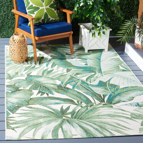 Safavieh Barbados Exquisite Ivory Area Rug With Lush Tropical Leaf Design For Indoor And Outdoor Elegance Green ,Teal 76% Polypropylene,23% Polyester,1% Backing Material Bar598y-28