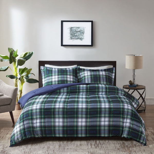 JLA Home Parkston Plaid Stripe Microfiber Comforter Set with Scotchgard All Season Warmth Navy Twin BASI10-0242