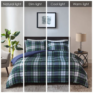 JLA Home Parkston Plaid Stripe Microfiber Comforter Set with Scotchgard All Season Warmth Navy Queen BASI10-0243