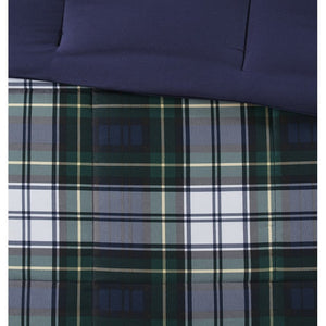JLA Home Parkston Plaid Stripe Microfiber Comforter Set with Scotchgard All Season Warmth Navy Queen BASI10-0243