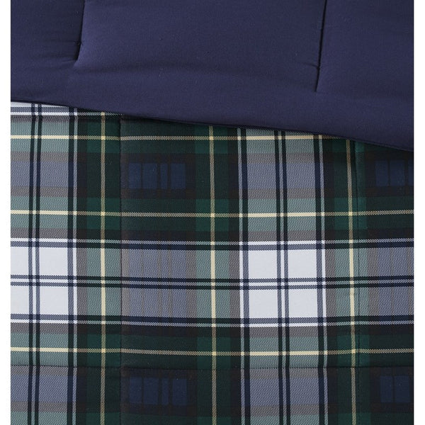 JLA Home Parkston Plaid Stripe Microfiber Comforter Set with Scotchgard All Season Warmth Navy Queen BASI10-0243