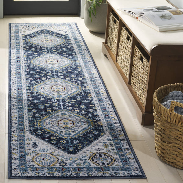 Safavieh Bayside Traditional Ivory And Beige Blue Runner Area Rug - Elegance Meets Easy Care For Any Space Navy ,Blue Polyester Bay118n-28