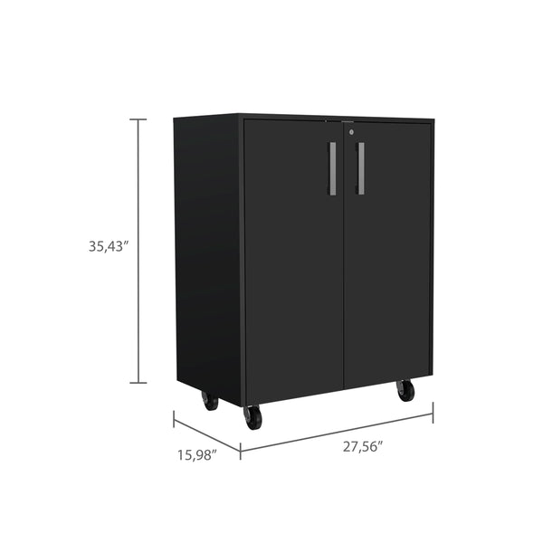 English Elm Double Double Door 27.5" Base Cabinet on Casters with Lockable Doors, 2 Shelves, Black Durable Finish B20092084