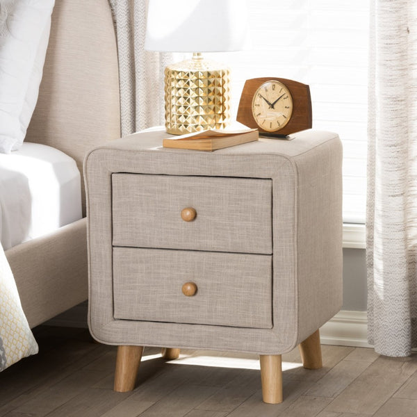 Baxton Studio Baxton Studio Mid-Century Beige Upholstered Nightstand with 2 Drawers for Stylish Bedroom Storage BBT3140-Beige-NS-XD02